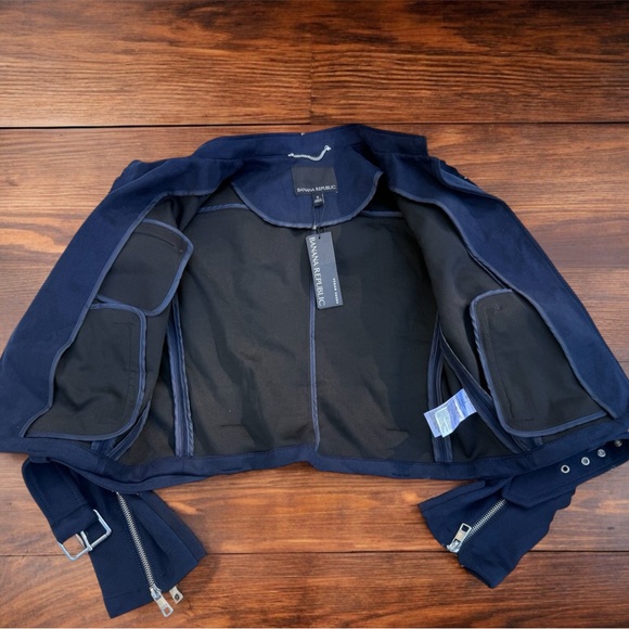Banana Republic Vegan Suede Moto Jacket Dark Blue Women’s Size Small NWT Spring - Picture 5 of 9